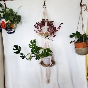 ANTHROPOLOGIE pottery plates upcycled N2 macrame double plant hanger *no plants